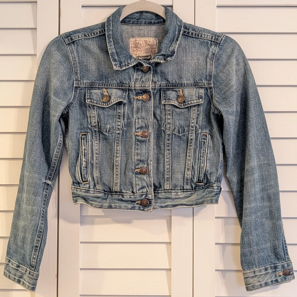 Ralph Lauren Girls Blue Denim Cropped Jean Jacket Patchwork Distressed